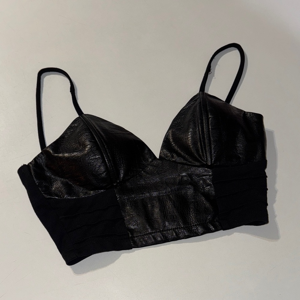 Windsor Black Crocodile Print Faux Leather Bustier‎ Crop Top